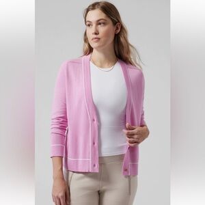 Athleta women’s Pink Contrast Trim Button Up Lightweight Sweater Cardigan.